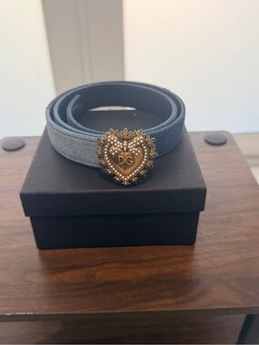 Dolce & Gabbana light blue denim belt with ornate gold heart buckle